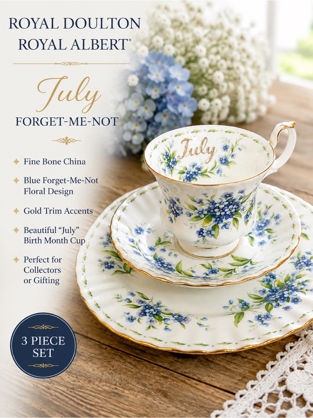 Royal Albert July “Forget-Me-Not” | Flower of the Month 
3-Piece Tea Set
